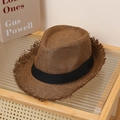 Close-up of brown straw fedora hat featuring raffia texture and frayed brim detail - M (56-58cm) / Coffee
