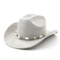 Close-up of grey suede cowboy hat with bohemian beaded band and star ornaments - Light Gray