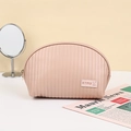 Elegant beige PU leather shell cosmetic bag with vertical stitching and metal zipper - 22.5x14x8cm / Lotus root pink