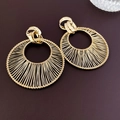 Minimalist gold hollow geometric hoop earrings with woven texture on brown background - Gold (Silver Earring Post)