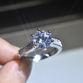 Classic silver six-prong moissanite ring with round solitaire diamond and pavé side stones - 2 Carats [8mm Main Diamond] Ljz-81 / Adjustable Open