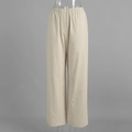Detail of light beige wide-leg trousers showing elastic waistband and smooth drape fabric - S / Khaki