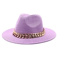 Close-up of lavender straw jazz hat with a chunky gold chain and tight woven texture - M (56-58cm) / Taro Purple