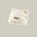 Cute cream white cat ear faux fur beanie with metal logo plate for women - Cream