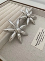 Elegant silver flower shaped metal earrings displayed in a luxury beige jewelry box - Silver