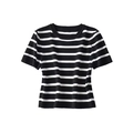 Close-up of a slim fit knitted short-sleeve top featuring classic black and white stripes - White Fine Striped