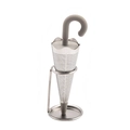 Grey silicone umbrella tea infuser with stainless steel mesh and matching metal stand - Gray