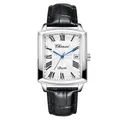 Reloj de cuarzo rectangular con esfera romana blanca y correa de cuero negro tipo cocodrilo - Blanco Hombre - Estilo Artístico