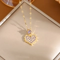 Golden titanium steel necklace featuring a purple gemstone and heart-shaped pendant - A0111 Gold Purple CZ Heart