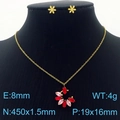 Golden flower jewelry set with pink crystal pendant on model against black backdrop - Necklace + Earrings Set / Red & Pink (KS201525-GG)