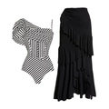 French vintage one-shoulder striped swimsuit and black tiered maxi skirt set - S / Two-piece Set (Striped Top + Black Skirt)