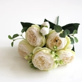 Elegant cream ranunculus silk bouquet with multiple blooming heads and green foliage - White Green