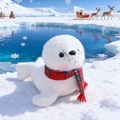 Plush white seal toy with a festive red and green plaid scarf in an icy polar landscape - White Seal-Red Plaid Scarf / 18cm