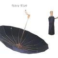 Foldable navy blue sun and rain umbrella with wooden handle and gold frame - 16 Ribs Navy Blue
