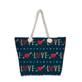 Detail of navy blue beach tote with LOVE print, heart pattern, and knotted rope handles - Navy Cupid Arrow Style (jiayingstb28)