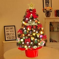 55cm mini Christmas tree with red bows, warm lights and ornaments on a red base - Red Fabric Bonsai Set