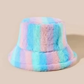 Pink blue and purple rainbow striped plush bucket hat for women in warm winter style - One Size / Pink Blue Purple Stripes (5)