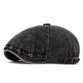 Dark grey washed denim newsboy cap with vintage metal side buckle and panelled design - Black