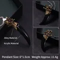Collana testa di drago retrò con ciondolo dente di lupo in acrilico nero da uomo - Zanna Nera Testa d'Argento / Catena in Acciaio 70cm