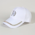 Detail of white denim baseball cap featuring rhinestone D logo and motorsport lifestyle text - Style 21-White Rhinestone Letter D