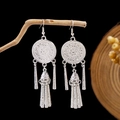 Bohemian silver tassel earrings with geometric round disc and vintage ethnic charms - Hollow Disc Tassel Style E2872-12