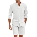 Ensemble décontracté en lin blanc pour homme avec chemise à manches longues et short - S / Blanc