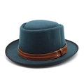 Detail of wool felt boater hat with double leather band and metal rivet buckle accent - Teal