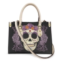 Halloween sugar skull tote bag with purple flowers and cream contrast handles - Sugar Skull Purple Rose - Off-White Strap