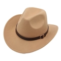 Classic camel felt cowboy hat with upturned brim and brown leather buckle belt - M (56-58cm) / Camel Cowboy (Brown Belt)