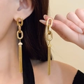 Detailed close-up of long gold fringe tassel earrings with chunky chain link design - 18K Gold Plated Silver Earring Post Linked Chain Tassel (44#)