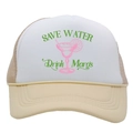 Beige and white mesh trucker hat featuring Save Water Drink Margs cocktail print - Adult - Adjustable / Beige + White
