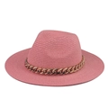 Detail of pink straw fedora hat featuring a chunky gold metal chain decoration - Adult 57-60cm / Watermelon Red