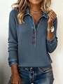 Women's blue ribbed knit top with denim patchwork collar and brown button detailing - Grey Blue