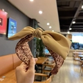 Knotted wide headband in khaki fabric with leopard print lining detail - Coffee Leopard Splice (FK-B199)