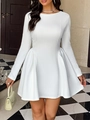 Elegant white long-sleeve evening dress with a cinched waist and pleated A-line skirt - S / White