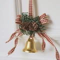 Golden bell Christmas ornament with red plaid bow, pine cones and green needles decoration - Red and White Plaid Bow Gold Bell Pendant