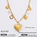 Collar de acero inoxidable bañado en oro 18K con colgantes de sol y corazón - XL31187/Collar de Relicario de Corazón con Relieve Retro de Acero Inoxidable
