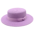 Elegant purple boater straw hat with flat top and matching ribbon bow for summer travel - Taro Purple