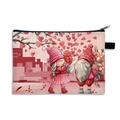 Detail of pink fabric makeup bag featuring a cute cartoon gnome valentine illustration - Pattern 13