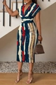 Detail of V-neck floral midi dress in navy and red with short sleeves and slim waist - Striped Print