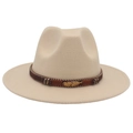 Detail of beige fedora hat with bohemian decorative band and gold feather pendant - L (58-60cm) / Beige (Flat Brim Gold Feather)