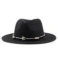 Close-up of black straw sun hat with woven star charm and multicolor bead decoration - M (56-58cm) / Black