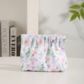 Floral print drawstring cosmetic pouch with pink and purple flowers on white fabric - Drawstring Style / Purple Flower