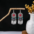 Bohemian silver drop earrings featuring red turquoise beads and feather pendants - E5876-3 Multicolor Dreamcatcher Feather