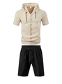 Men's summer linen set featuring a beige hooded short sleeve shirt and black drawstring shorts - Khaki + Black
