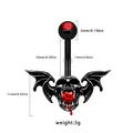 Gothic skull belly button ring with bat wings, red heart gem and size measurements - Br24082203