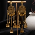 Vintage bohemian tassel earrings with carved floral details and small bells on a stand - S4140-1 Antique Gold