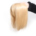 Shoulder length straight blonde synthetic hair piece held up on a white background - Golden Brown Mix