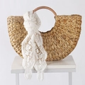 Straw crescent handbag with round wooden handles and white floral lace scarf detail - 3018 Decorative Scarf Style / White