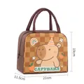 Brown checkerboard thermal lunch bag featuring cute cartoon capybara print and handle - Birthday Capybara Pattern / Brown